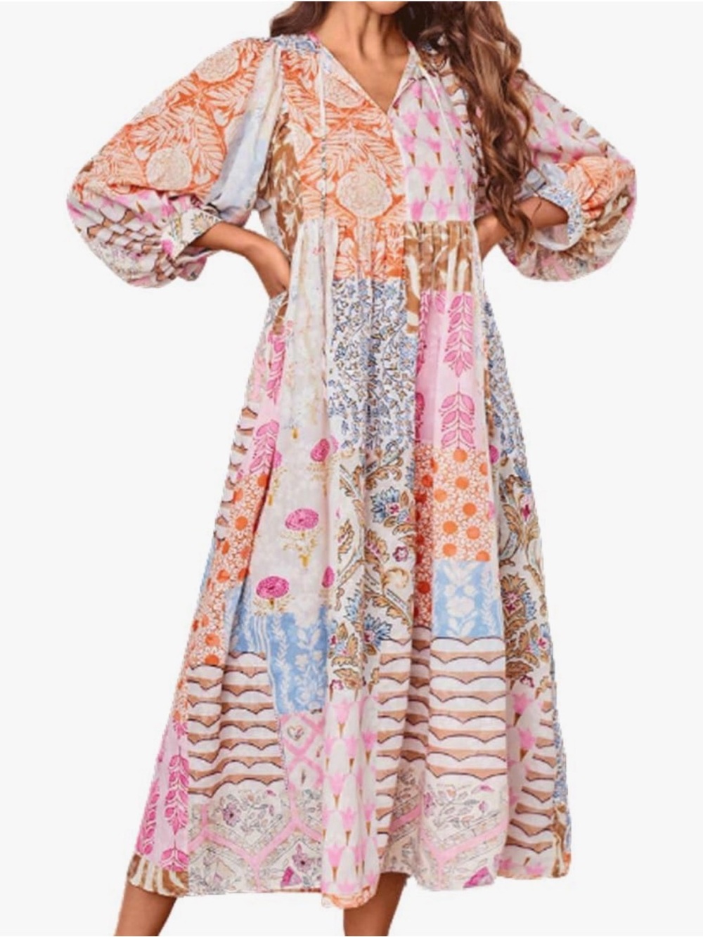Amazon Patchwork Midi Dress in Pink, Orange, Blue, Cream